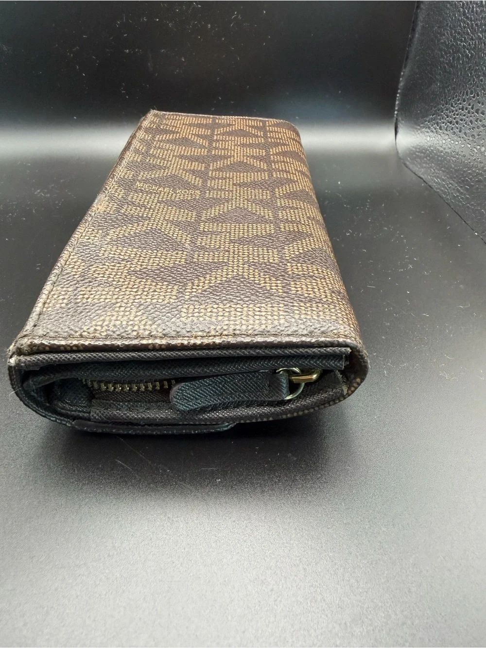 Michael Kors Brown Logo Zip Continental Wallet with Gold Plate